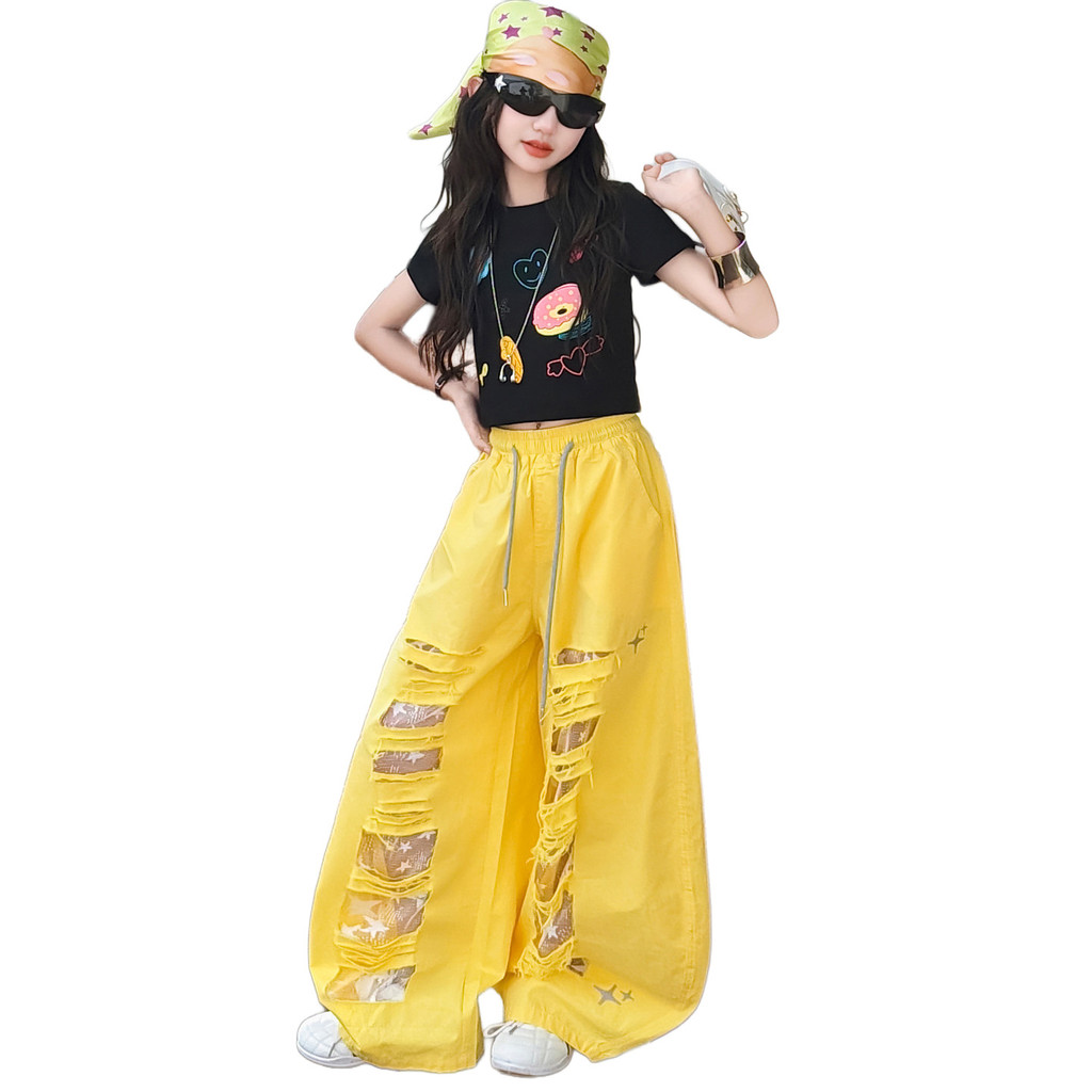 Quần ống rộng cho bé gái Mùa hè Phong cách mới Trẻ em khâu ren rách Quần thường ngày