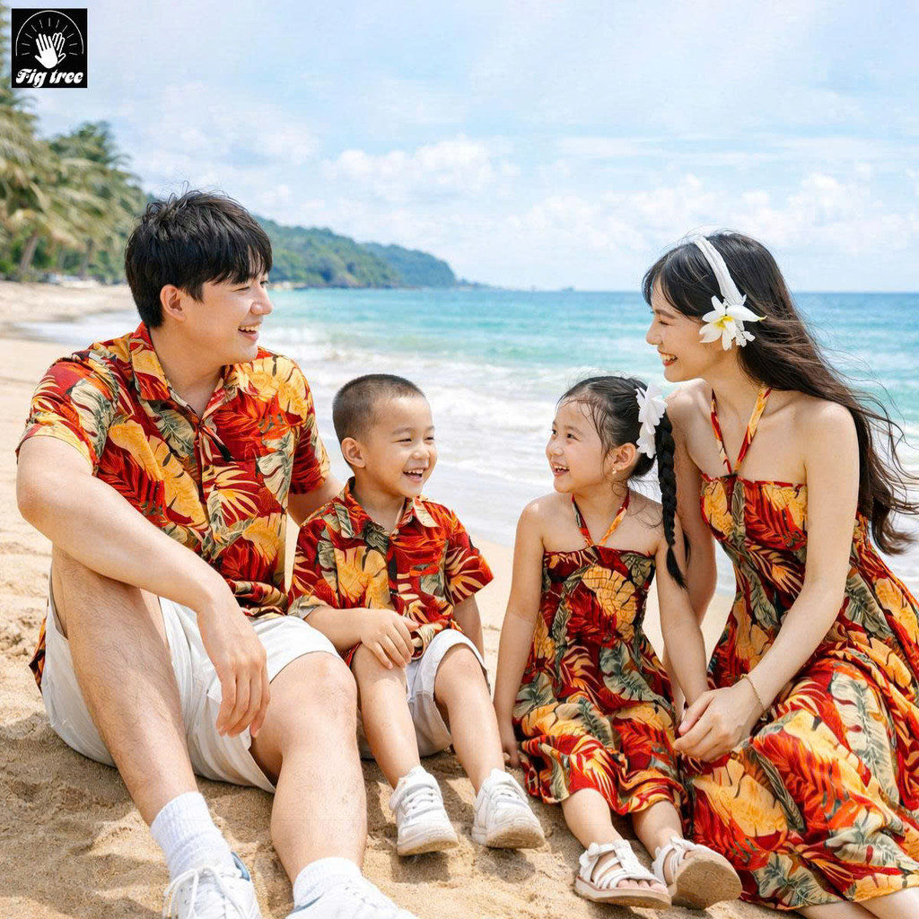 Cận Cảnh Mẫu Gia Đình Đi Biển, Du Lịch Fig Tree, Họa Tiết Lá Đỏ Rực Rỡ, Trendy, kèm Feedback MS 180