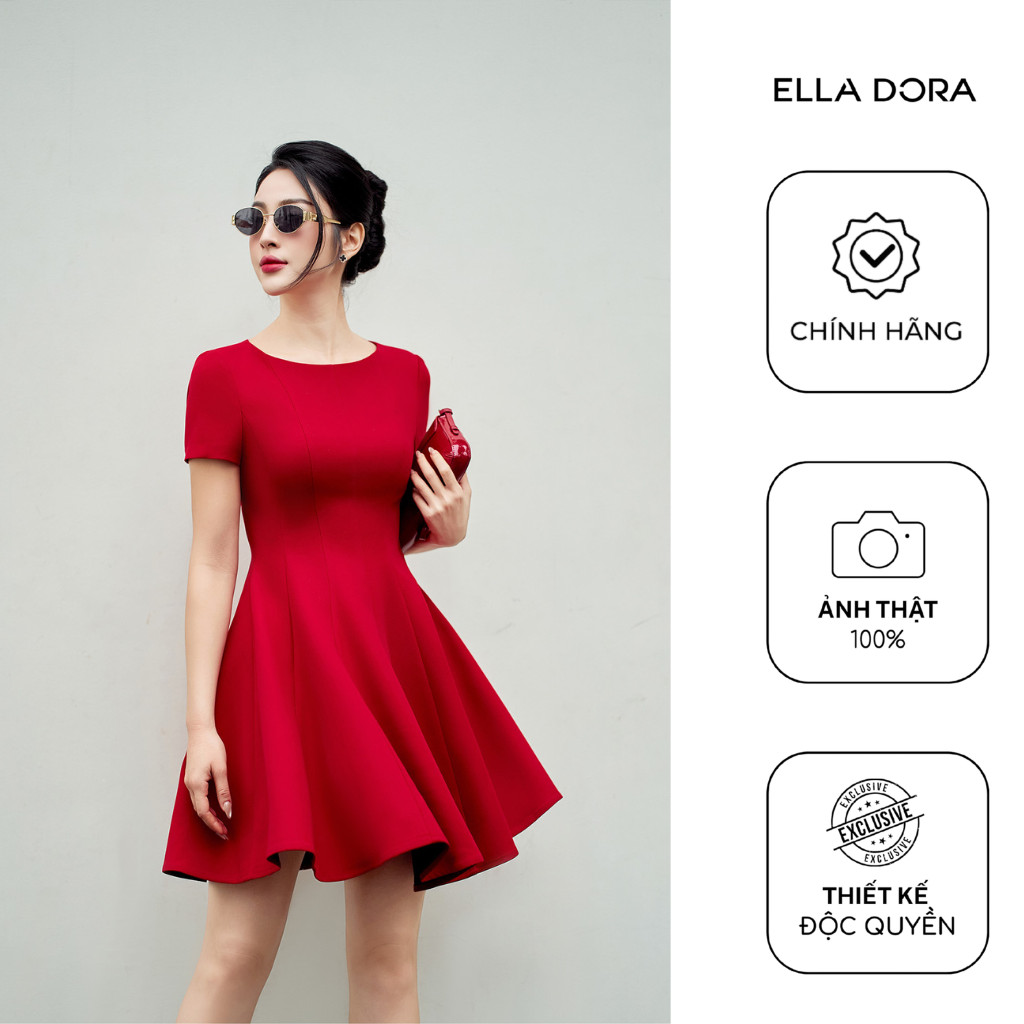 Đầm ngắn nữ ELLA DORA dáng xòe cổ tròn thiết kế thanh lịch tinh tế hai màu ĐỎ/GHI [D208]