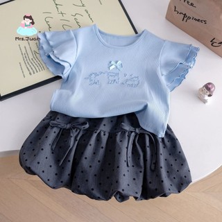 Bộ đồ bé gái hè áo xanh viền bèo phối váy chấm bi - Set chân váy bồng dễ thương phong cách Hàn