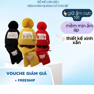mũ cho bé []Bộ Mũ Len Gấu Kèm Khăn Quàng Cổ Cho Bé Siêu Ấm Cực Xinh Phong Cách Hàn Quốc