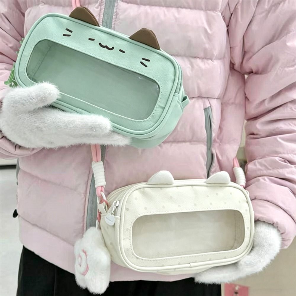 Bút Chì HIGHVIEWLS, Túi Đựng Bút Chì Họa Tiết Mèo Hai Lớp, Kawaii Di Động Với Cửa Sổ Hiển Thị Ita Túi Đựng Bút Dung Tích Lớn Văn Phòng Trường Học