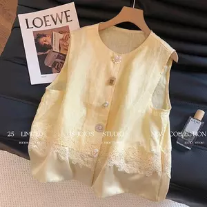 Áo Vest khâu ren cao cấp màu vàng dành cho nữ Áo không tay thời trang mùa hè