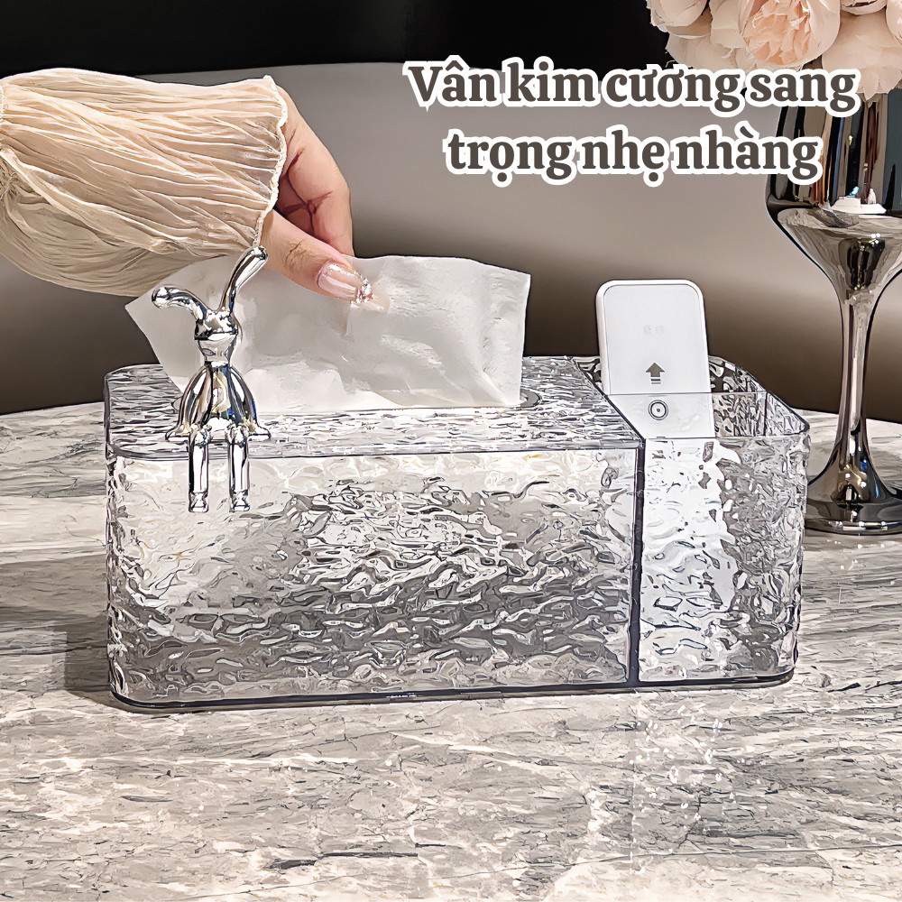 Hộp Đựng Khăn Giấy Để Bàn Vân Kim Cương Trong Suốt Kèm Khay Đựng Đồ Họa Tiết Thỏ, Hộp Giấy Decor Phòng Khách