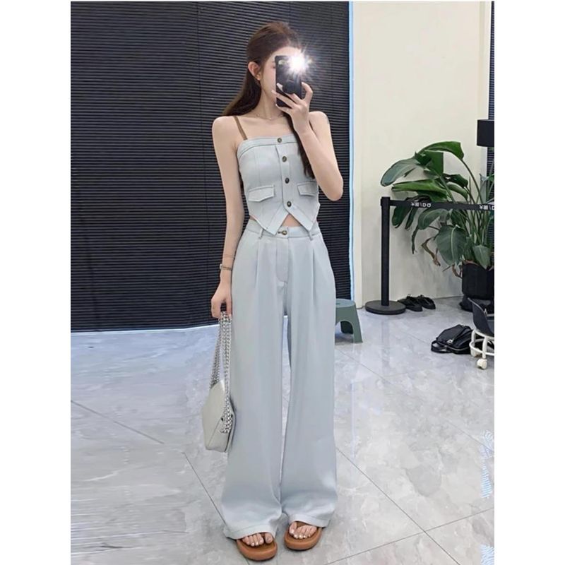 [Seckill trong thời gian có hạn] Bộ đồ hai mảnh màu xanh nhạt Phiên bản Hàn Quốc Slimer Cao cấp trông sang trọng hơn Áo Vest nữ eo cao rộng