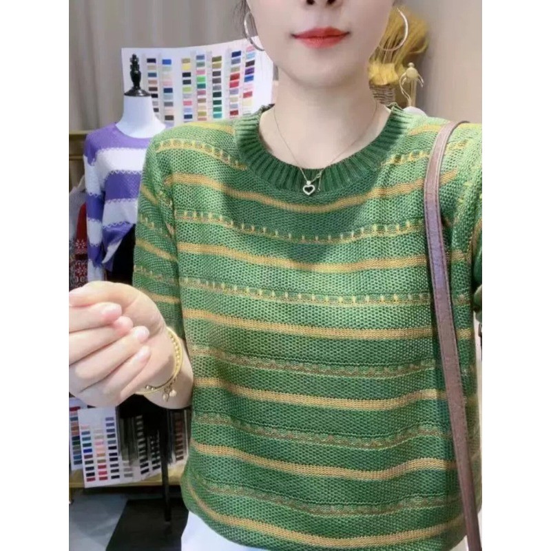 Áo thun ngắn tay sọc Áo sơ mi dệt kim mùa hè Phong cách mới Retro Thời trang dáng rộng mềm mại thoải mái cho nữ