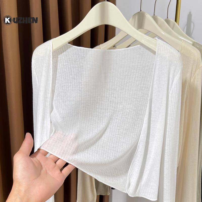 KUZHEN Áo len dài tay màu trơn Hàn Quốc đa năng chống nắng mỏng thông thường dành cho nữ HOT