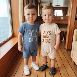 Bé Trai Mùa Hè Áo Liền Quần Waffle Chữ Thêu Sơ Sinh Tay Ngắn Cổ Tròn Jumpsuit