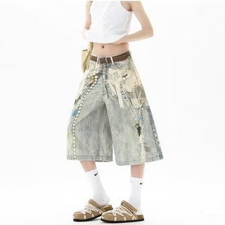 Quần short denim nam GKSSS, phong cách hip-hop Mỹ, chất lượng đường phố cao cấp, phong cách trung tính