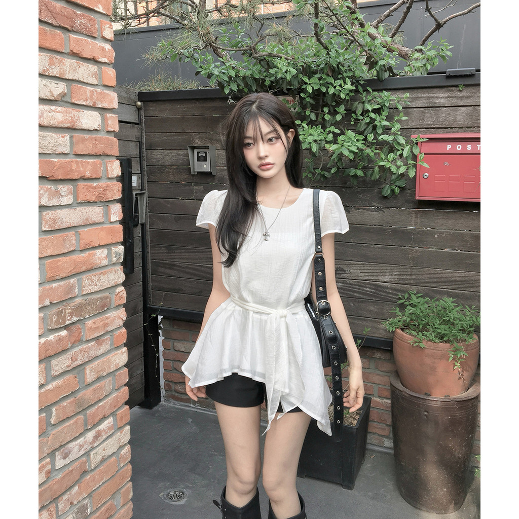 SUXI Áo sơ mi cổ tròn tay ngắn không đều phong cách Hàn Quốc mới mùa hè 260508