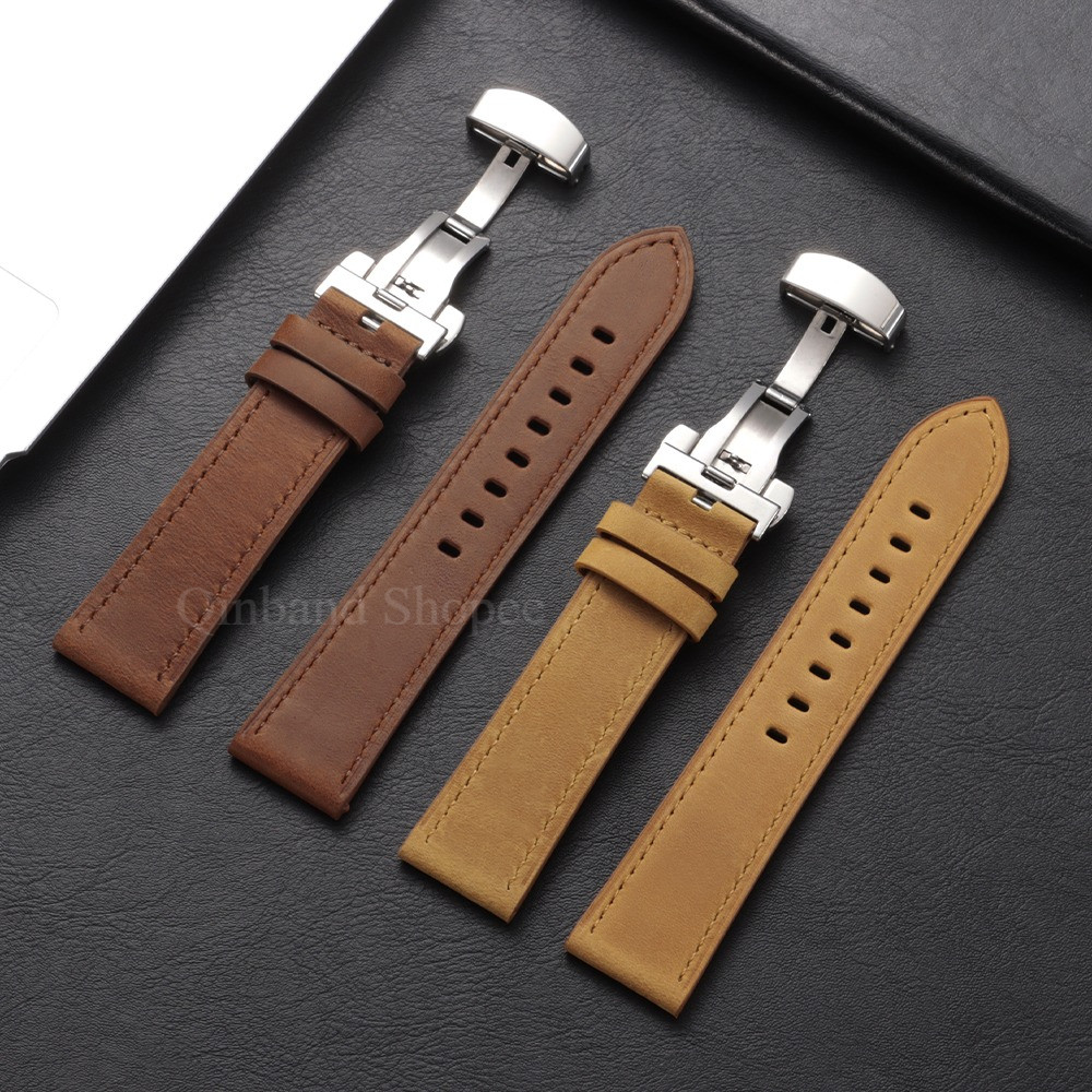 Dây đeo đồng hồ bằng da thật 18 / 20 / 22 / 24mm Vintage Retro Crazy Horse Butterfly Clasp Watchband Matte Thay thế dây đeo cổ tay cho nam nữ