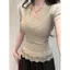 Pure Desire Retro Hot Girl Style Áo thun ngắn tay khâu ren cổ chữ V cho nữ mùa xuân Phong cách mới Slim-fit Slimmer Look Bottoming Shirt Top
