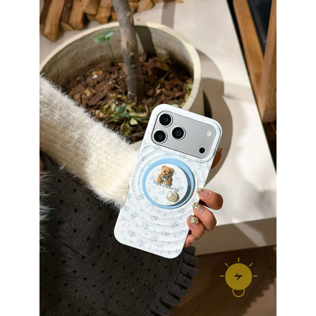 Phone Case For iPhone 17 Pro Max 16 15 14 13 with Griptok TPU Magnetic Blue with Griptok Mini Flower Aesthetic Korean Cute