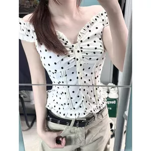 Mùa hè Thiết kế dáng ôm hẹp hơn Thiết kế dáng ôm một vai Chấm bi ren Áo sơ mi ngắn tay