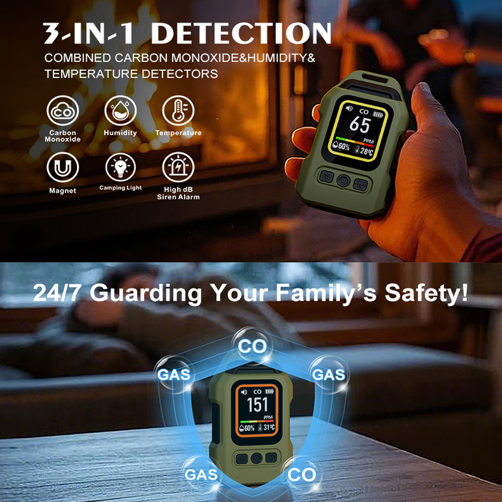 Máy dò rò rỉ khí CO 3 trong 1 Cảm biến Carbon Monoxide có đèn pin báo động Máy đo độ ẩm nhiệt độ di động để sử dụng trong nhà tại nhà
