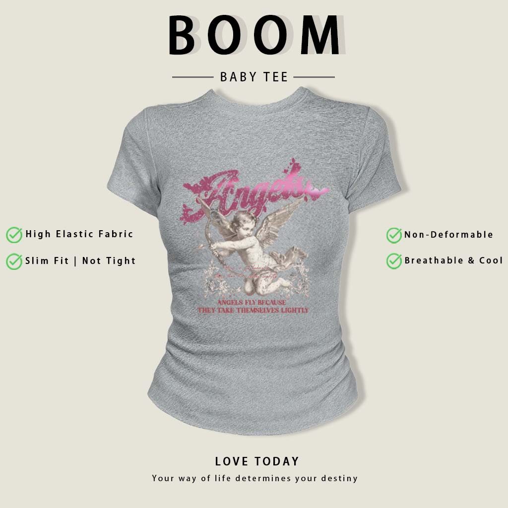 BOOM Áo Baby Tee Nữ Cotton Ôm Body-Áo Thun Ngắn Tay Y2K In Hình PhongCách Mùa Hè, Cổ Tròn Hàng Đầucách hàn quốc phongR02