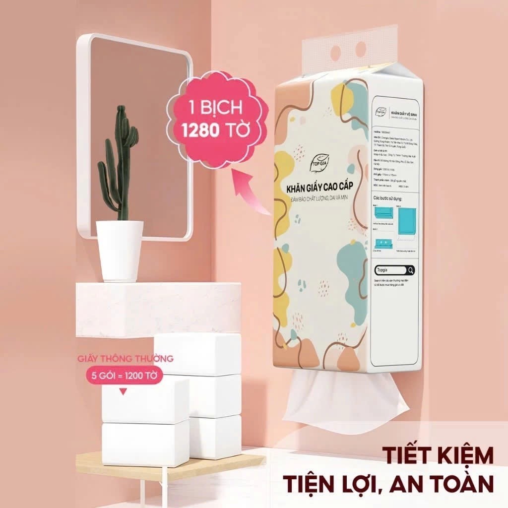 Giấy vệ sinh treo tường TopGia thùng 8 bịch Đa Sắc làm từ bột gỗ nguyên chất, 1280 tờ 4 lớp dày dặn