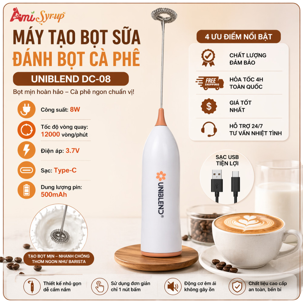 Máy Tạo Bọt Sữa, Đánh Bọt Cà Phê Uniblend DC-08 Chính Hãng Tạo Bọt Mịn Nhanh Chóng, Dễ Sử Dụng