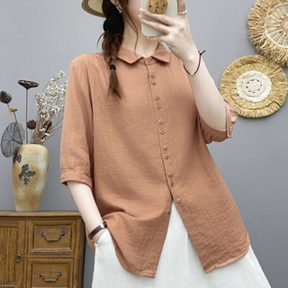 Áo sơ mi nữ cotton mềm mại, thiết kế đơn giản màu trơn năm phần tư tay