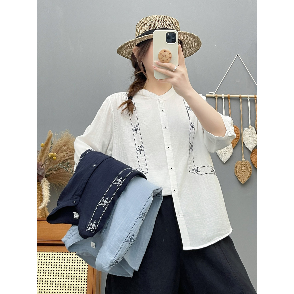 Áo sơ mi nữ Mori phong cách dân tộc, thêu tay ngắn, sợi cotton cao cấp