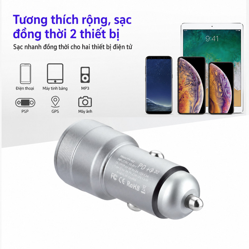 Tẩu Sạc O Tô 2 Cổng USB Type-C – Hợp Kim, Sạc Nhanh An Toàn, Nhỏ Tiện, Dùng Được Nhiều Xe