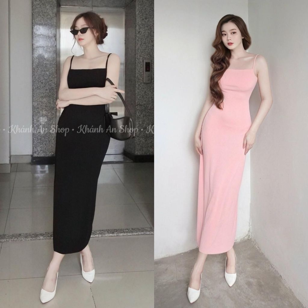Đầm Body Hai Dây Chữ A Chất Len Tăm Co Giãn KA79