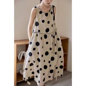 Đầm dài nữ plus size chấm bi dáng rộng từ vải lanh cotton mát mẻ cho mùa hè