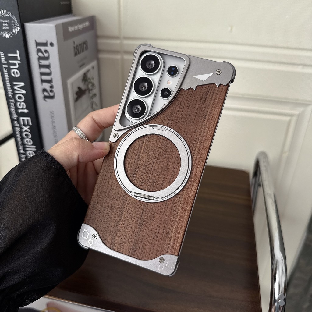 Dành Cho Samsung Galaxy S23 S22 S24 S25 S26 Ultra Walnut Gỗ Kim Loại Viền Giáp 360° Giá đỡ từ tính xoay Vỏ chống sốc