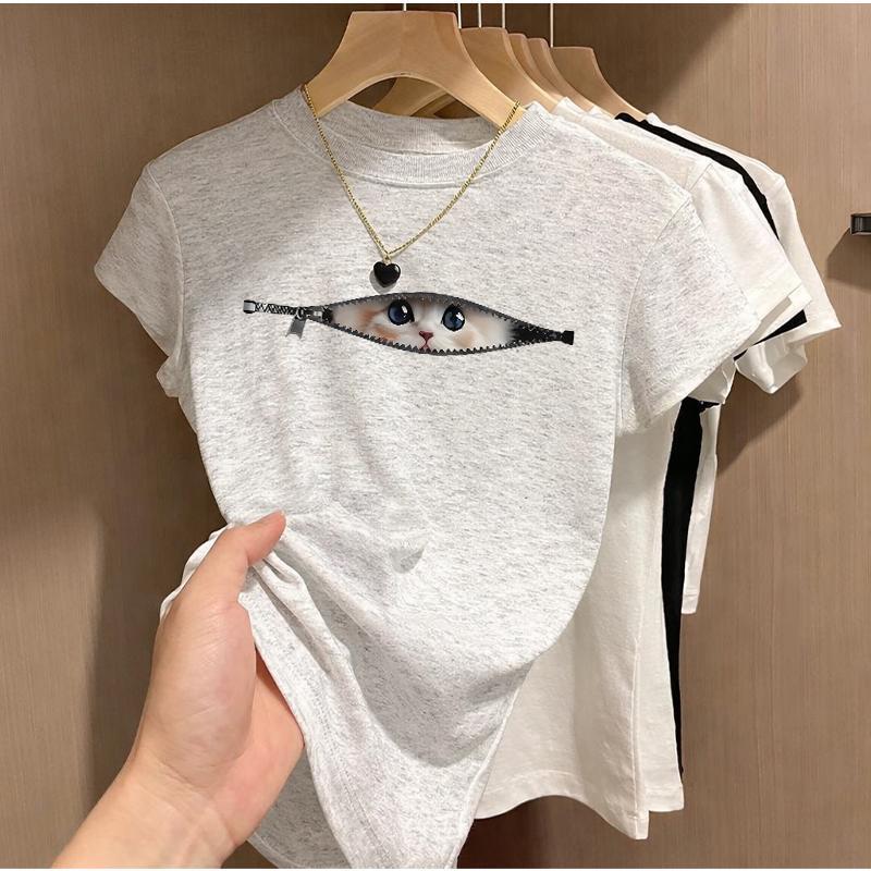 BOOM Áo Baby Tee Nữ Cotton Ôm Body-Áo Thun Ngắn Tay Y2K In Hình PhongCách Mùa Hè, Cổ Tròn Hàng Đầucách hàn quốc phongR61