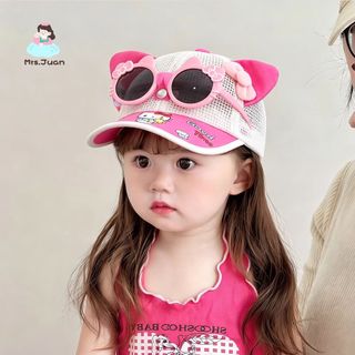 Mũ lưỡi trai hè cho bé gái - Mũ lưới thoáng khí chống nắng kèm kính mèo KT dễ thương