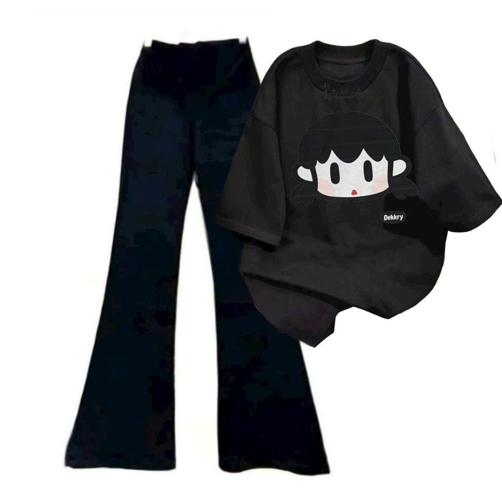 "Bộ quần ống loe dài và áo phông unisex XU KA mới, thời trang trendy cho nữ."