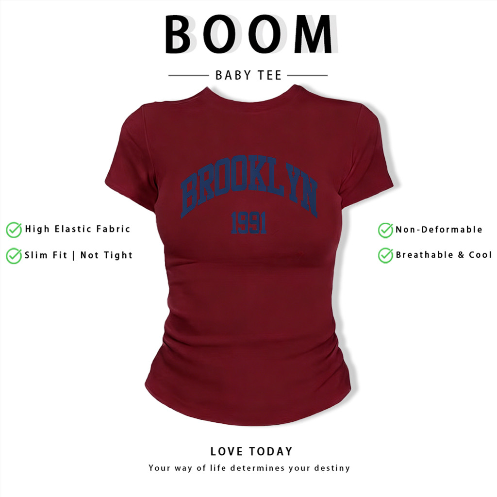 BOOM Áo Baby Tee Nữ Cotton Ôm Body-Áo Thun Ngắn Tay Y2K In Hình PhongCách Mùa Hè, Cổ Tròn Hàng Đầucách hàn quốc phongK11