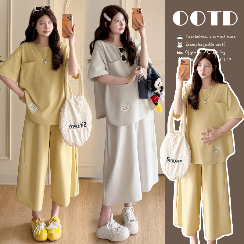 Bộ đồ bà bầu hai mảnh mùa hè mát mẻ, dáng rộng, áo cánh ngắn, quần ống rộng.