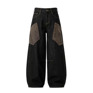 Quần Jean Nam Đen Patchwork Phối Vải Ống Rộng Cao Eo Vintage Thời Trang