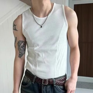 Nam Slim Thread Dọc Sọc Không Tay Áo Thể Thao Mùa Hè Co Giãn Khâu Cổ Tròn