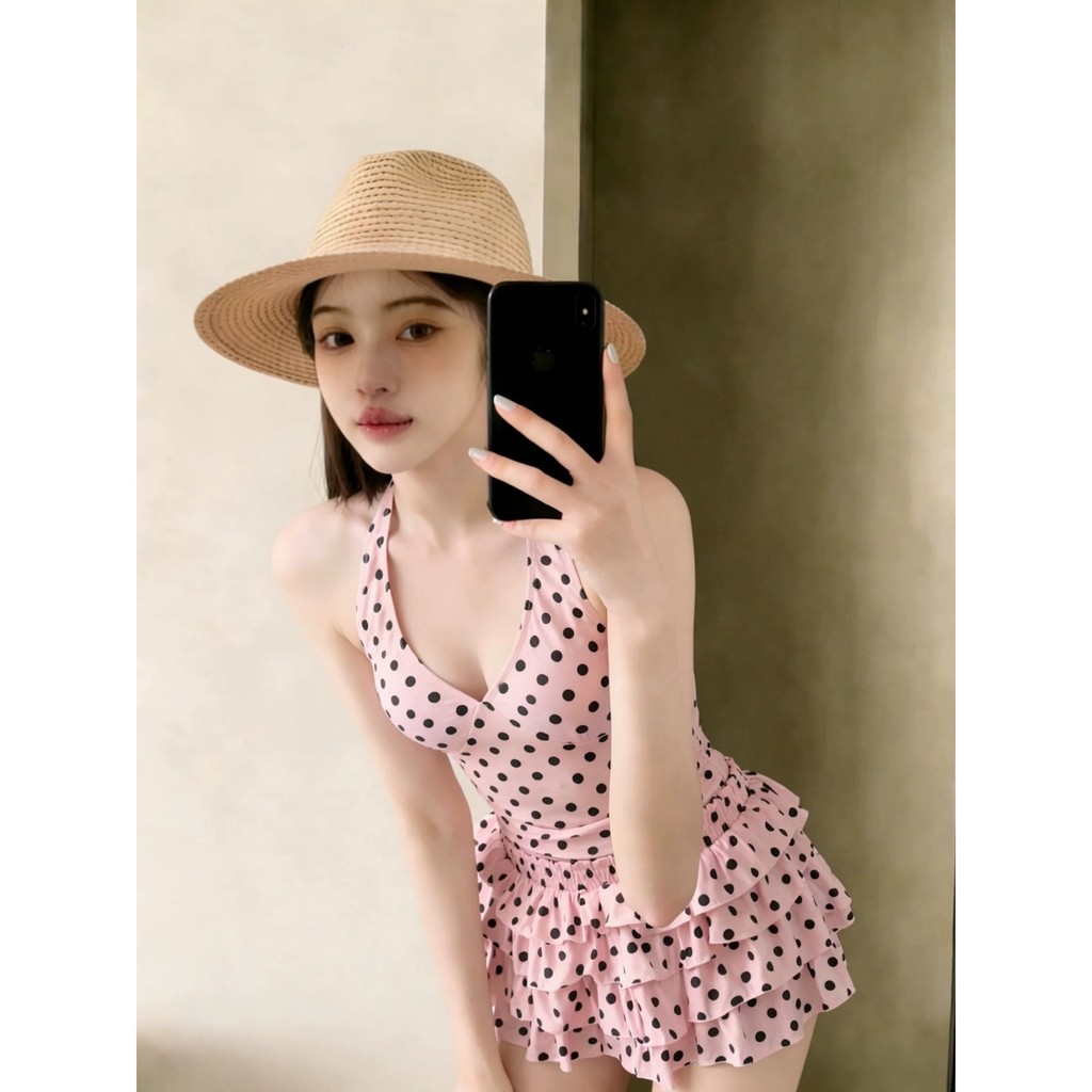 Lãng Mạn Pháp Ngọt Chấm Bi Chia Đồ Bơi Ba Mảnh Xù Gạc Váy Kỳ Nghỉ Nóng Mùa Xuân Đồ Bơi Nữ
