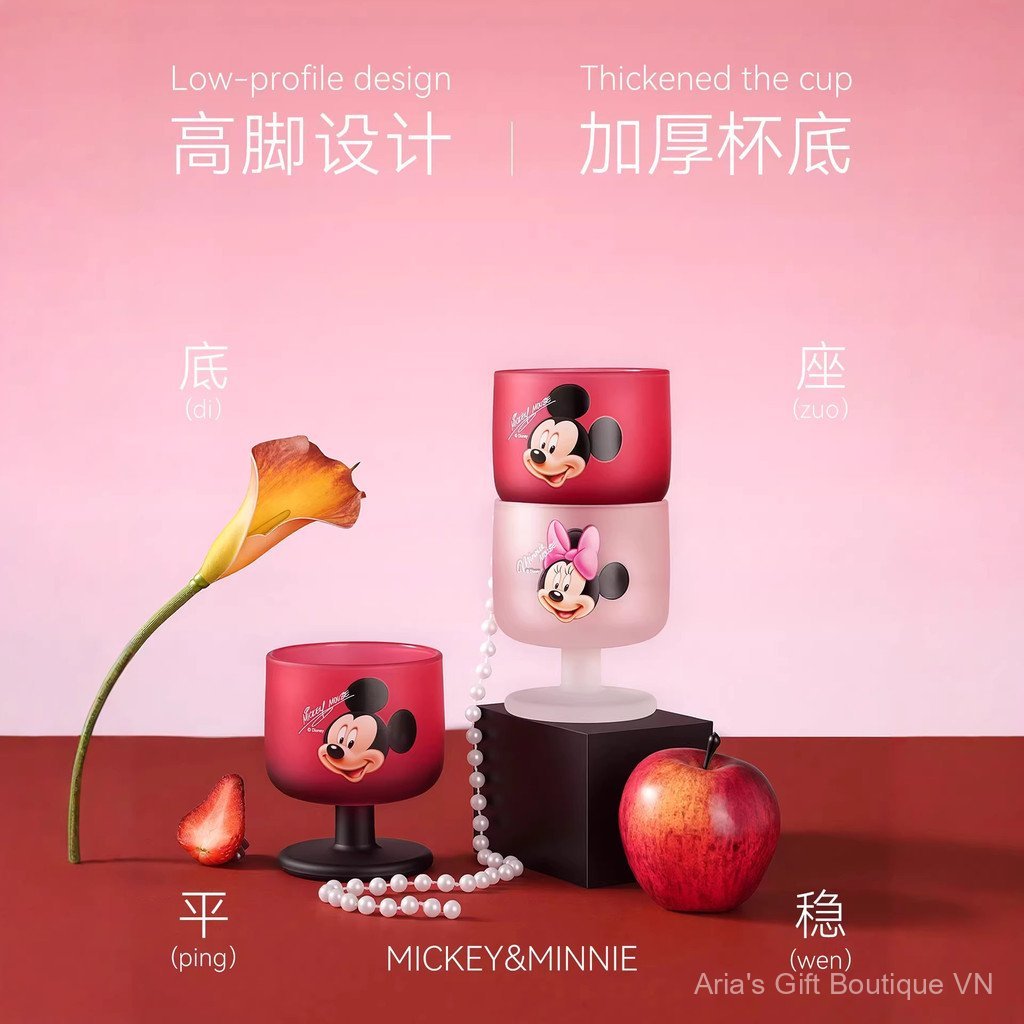 [Aria] Ly cốc chân cao thủy tinh Mickey Disney dễ thương bộ ly cặp đôi bề mặt mờ nhạt phong cách sang trọng cao cấp làm quà tặng
