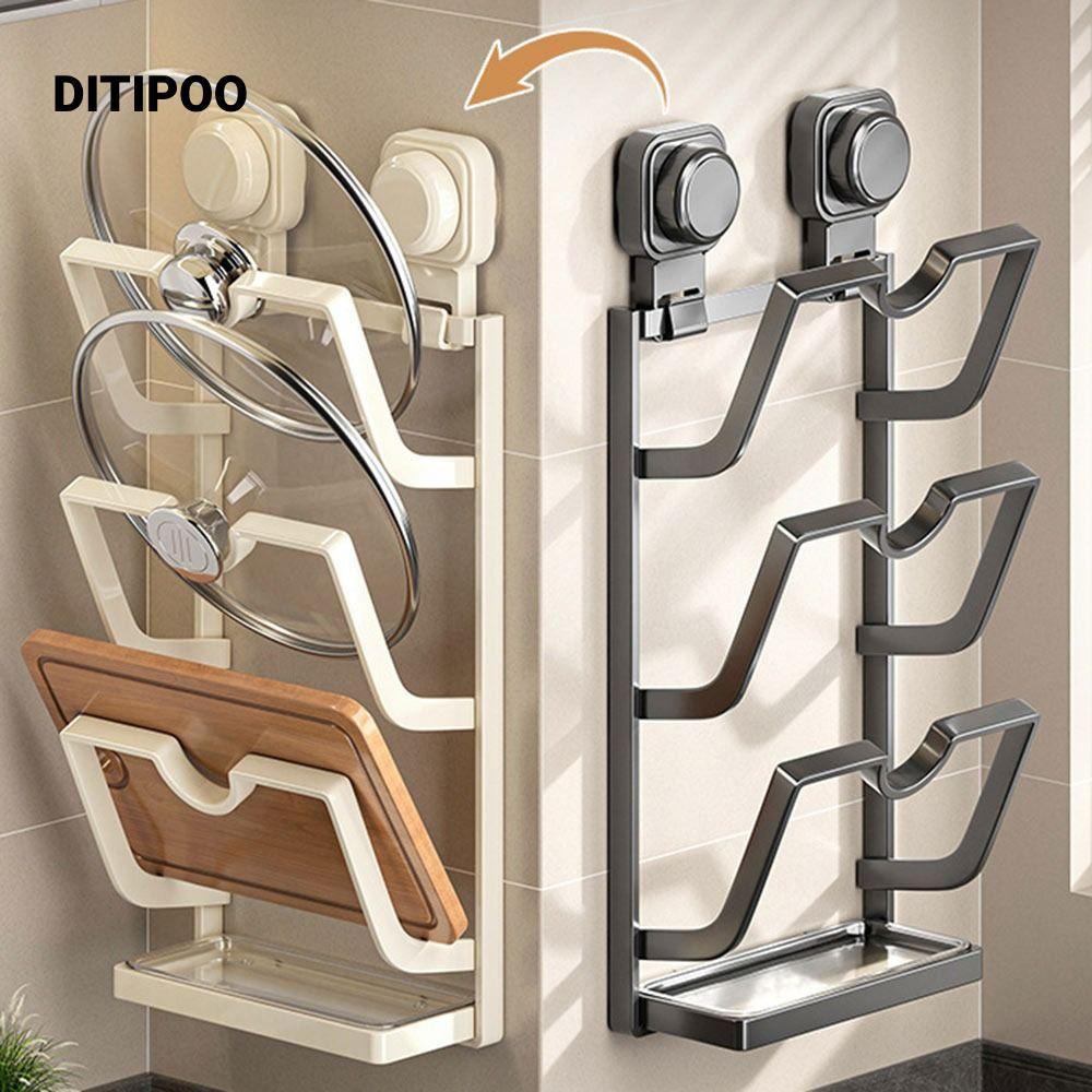 Giá đỡ nắp nồi cốc hút DITIPOO, Giá đựng nắp nồi không đục lỗ treo tường, Giá đựng chảo đa chức năng nhiều lớp bền bỉ cho nhà bếp