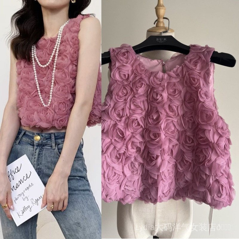 [Ưu đãi đặc biệt trong thời gian có hạn] Seckill Size lớn Thời trang chất lượng cao dành cho nữ Hoa hồng ba chiều 26 Áo vest không tay mùa hè Niche Kỳ nghỉ ngắn Áo nữ