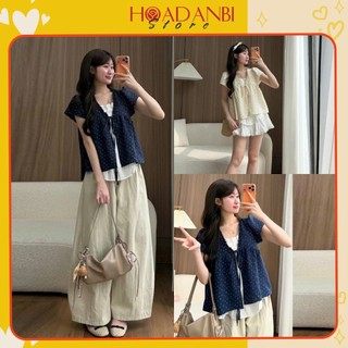 Áo Babydoll Viền Bèo Cộc Tay Hoa Nhí Nơ Ngực Phối Ren Boi Trắng Thời Trang Nữ