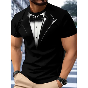 Ngộ nghĩnh 3D Nơ Áo nam Giả Phù Hợp Với Tuxedo Retro In Tee, Mùa Hè Thường Ngày Dạo Phố Top