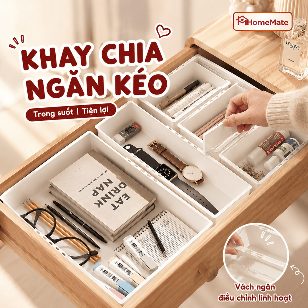 Khay Chia Ngăn Kéo Đa Năng HomeMate Điều Chỉnh Kích Thước – Khay Nhựa PP Cao Cấp Sắp Xếp Đồ Gọn Gàng