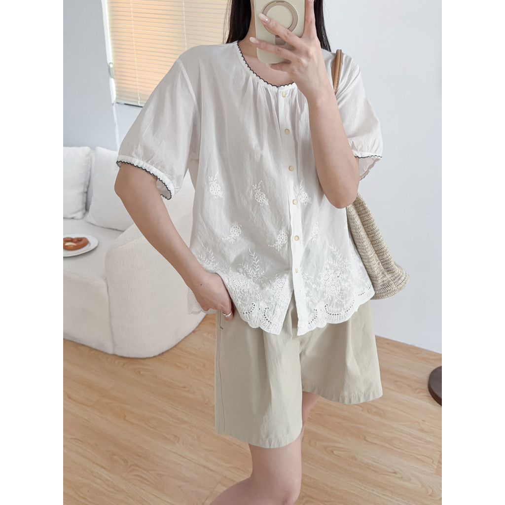 [Sẵn Sàng] Áo Sơ Mi Nữ 100% Sợi Cotton Cao Cấp 2026 Mùa Hè Mới Thêu Jacquard Màu Trơn Áo Sơ Mi Tay Ngắn Rời