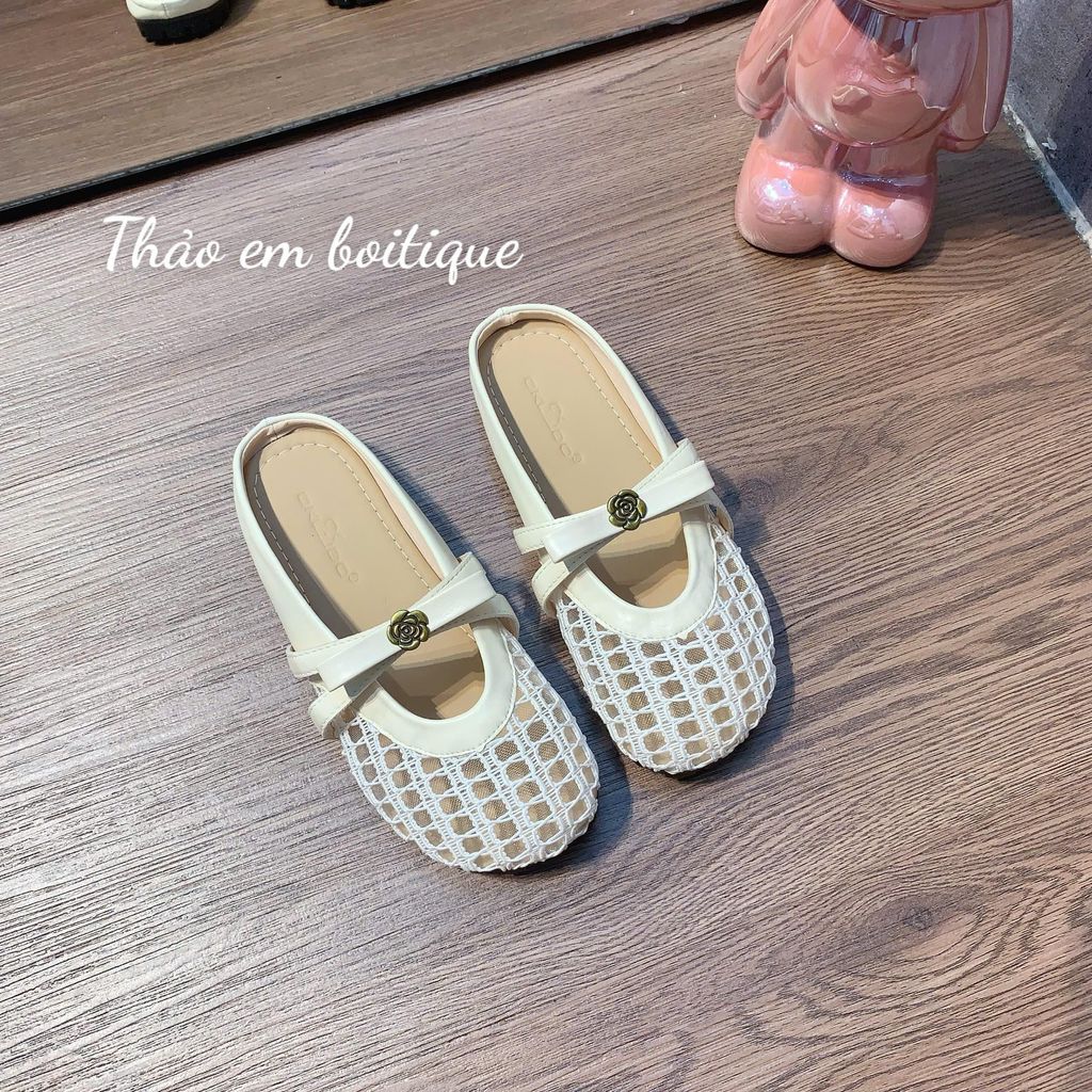 [Thảo Em - SL644] Sục lưới nữ đế bệt mũi tròn phối nơ hoa trà [Sẵn Hàng].