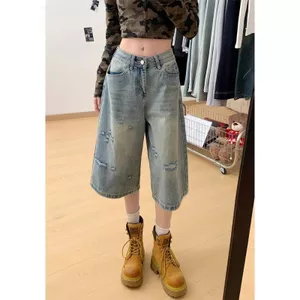 Quần short crop Denim cỡ lớn mùa hè dáng rộng mỏng hơn màu nhạt