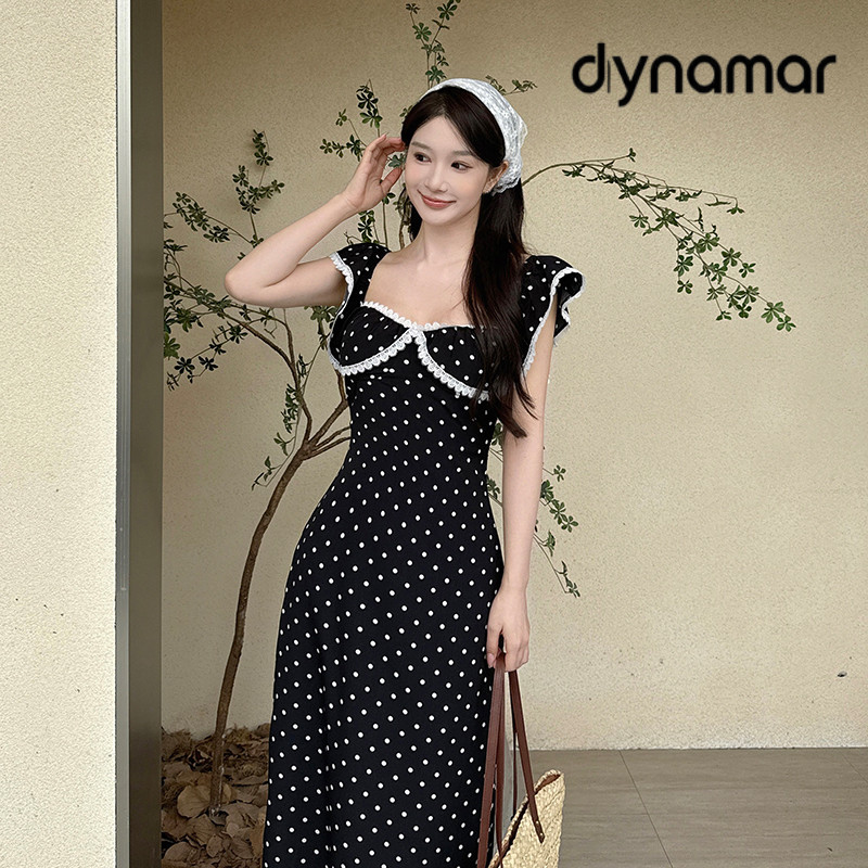 【dynamar】Hàng Có Sẵn-Váy chấm bi màu đen dành cho nữ, váy hở lưng, phong cách hàn quốc đầm body dáng dài thời trang nữ