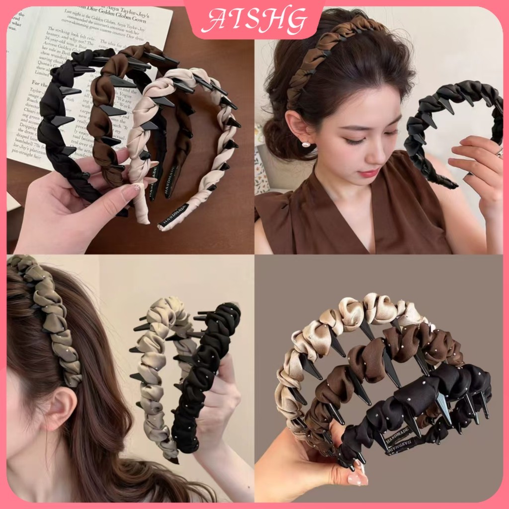 AISHG Satin Xù Băng Đô Quấn Tóc Chống Trơn Trượt Có Răng Và Lấp Lánh Kim Cương Giả Thời Trang Cao Cấp Đầu Phụ Kiện Tóc