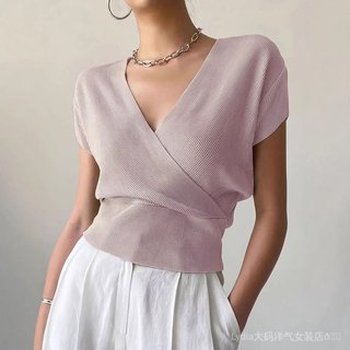 [Giảm giá trong thời gian có hạn] Quần áo nữ cỡ lớn phong cách sang trọng, cổ chữ V, dệt kim ngắn tay dáng rộng, phù hợp mùa hè