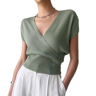 [Giảm giá trong thời gian có hạn] Quần áo nữ cỡ lớn phong cách sang trọng, cổ chữ V, dệt kim ngắn tay dáng rộng, phù hợp mùa hè
