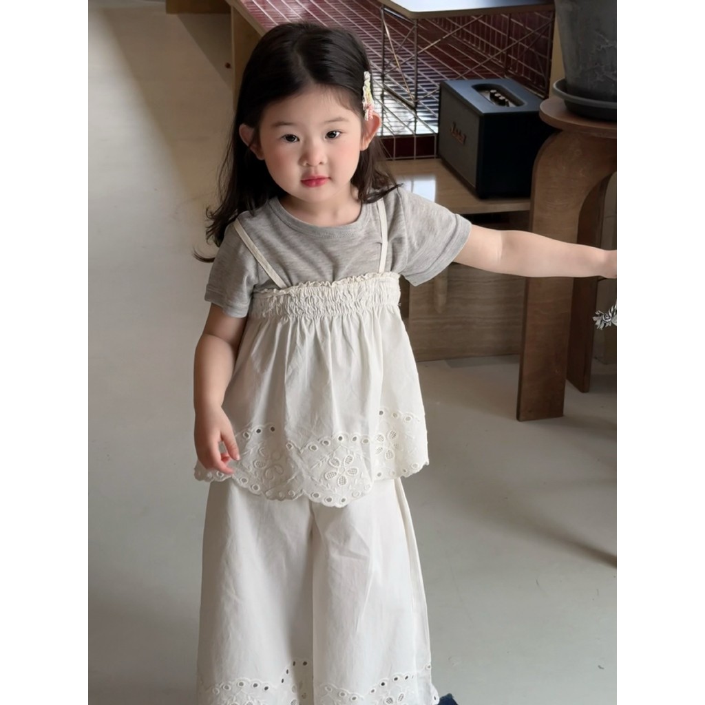 Mùa Hè 2026 Phong Cách Mới Bé Gái Ren Sling Top + Quần Ren Trẻ Em Phù Hợp Với Mùa Hè
